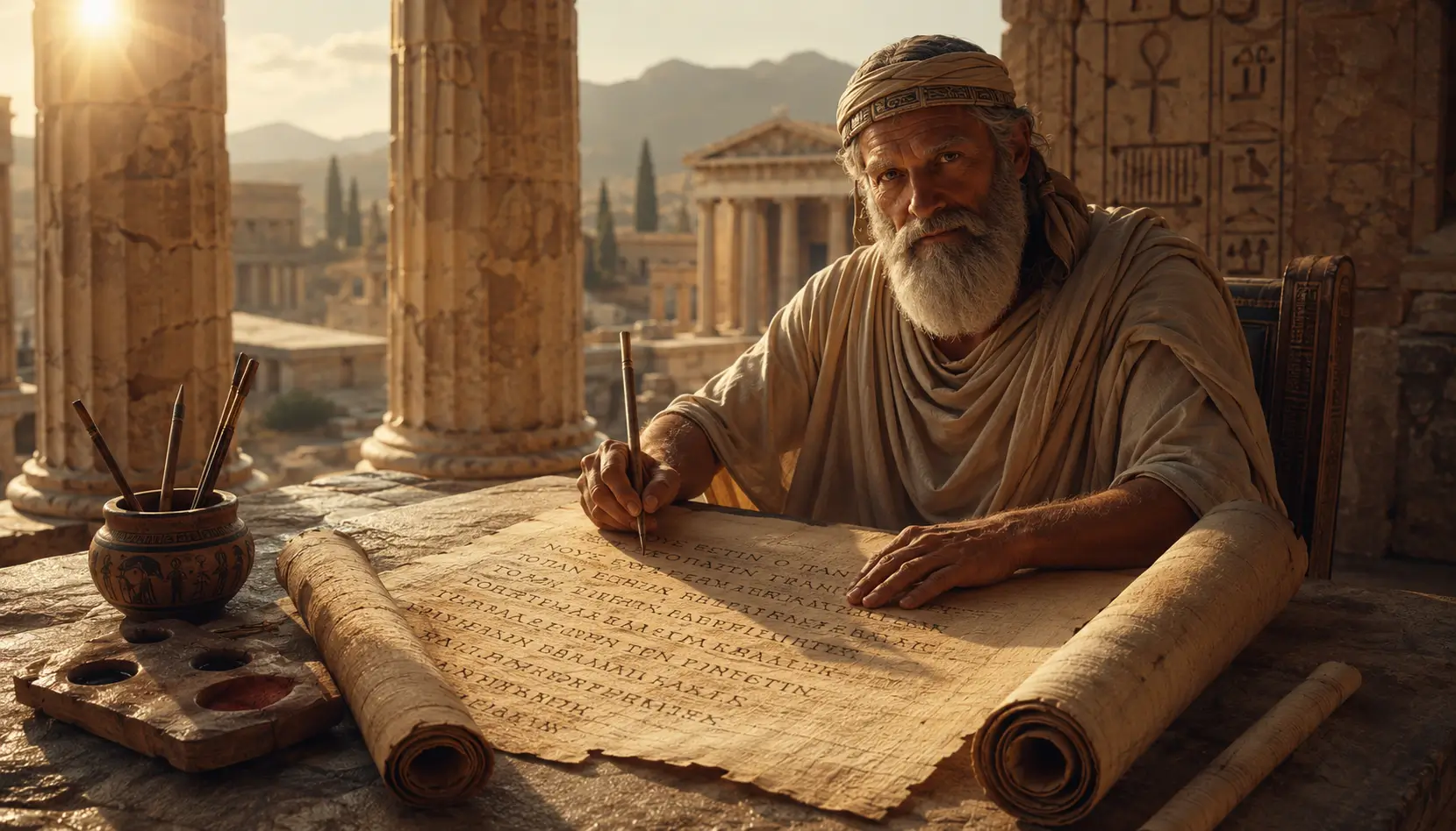 Ancient scholar writing on a papyrus scroll with a reed pen inside a Greco-Egyptian temple, representing the study of Hermeticism and ancient wisdom.